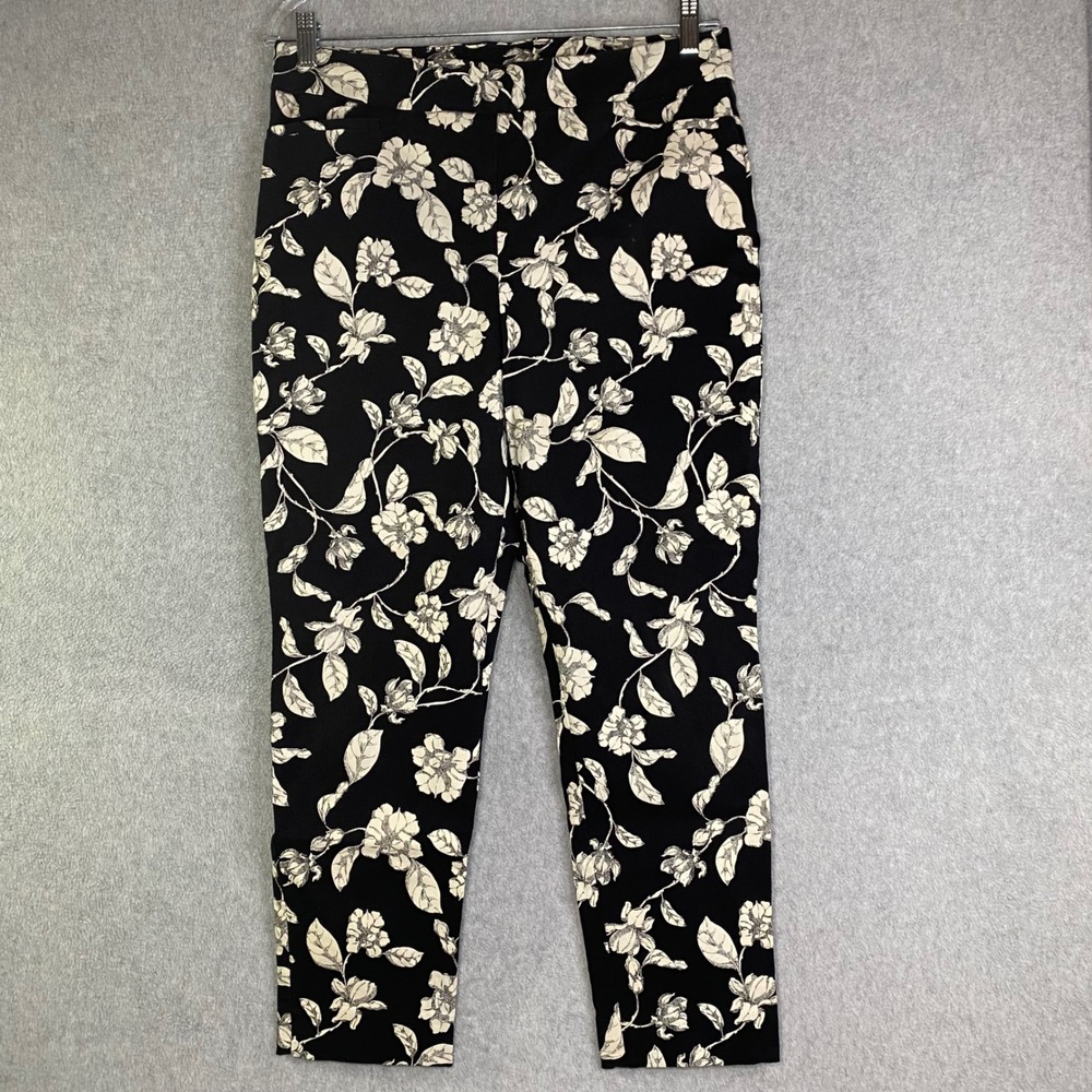 Chico's Floral Slim Ankle Pants Women's Size 2R (US 12)Black Cream Stretch EUC